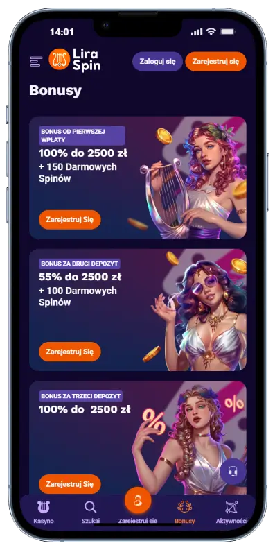Bonusy depozytowe w LiraSpin Strona bonusów kasyna LiraSpin przedstawiająca trzy oferty depozytowe: 100% do 2500 zł z 150 spinami za pierwszy depozyt, 55% do 2500 zł z 100 spinami za drugi oraz 100% do 2500 zł za trzeci depozyt