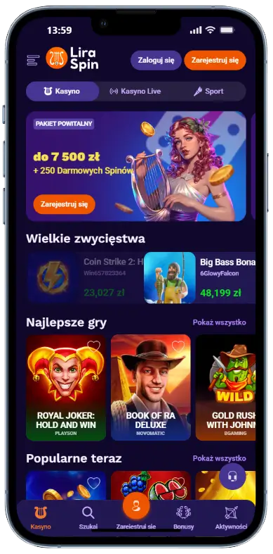 Główna strona kasyna LiraSpin Strona główna kasyna LiraSpin na urządzeniu mobilnym z banerem powitalnym do 7500 zł, sekcją wielkich zwycięstw oraz najlepszymi grami takimi jak Royal Joker i Book of Ra Deluxe