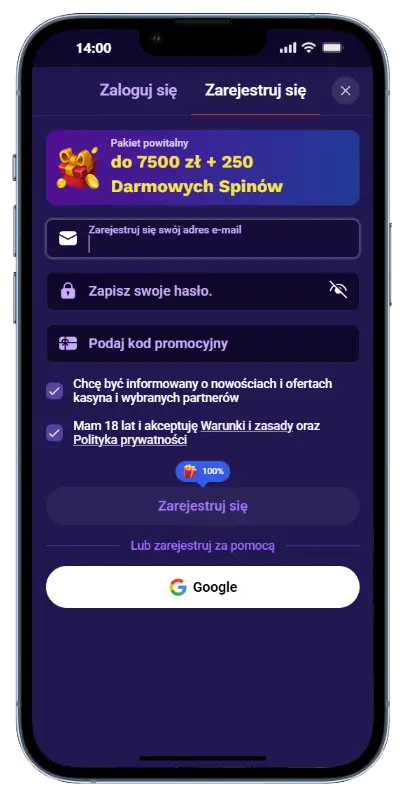 Rejestracja w LiraSpin Formularz rejestracji w kasynie LiraSpin z polem e-mail, hasłem i kodem promocyjnym oraz pakietem powitalnym do 7500 zł i 250 darmowych spinów